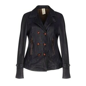 NWT $729 Delan Dark Navy Blue Double Breasted Leather Wool lining Jacket  Size M